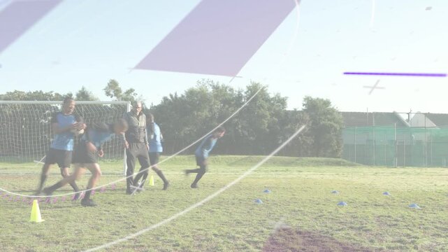 Coach lofting ball, four players jumping heading chest-trapping passing for sports possession drill