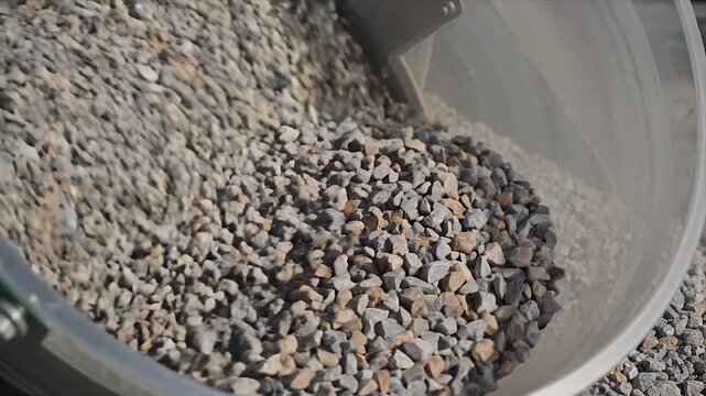 Crushed Rock Aggregate Material Flowing from Industrial Equipment Under Bright Sunlight for Construction and Material