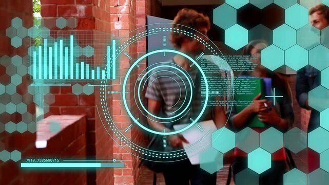 Door opening, three students walking to class, HUD centering left student, hex grid masking papers