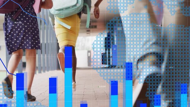 Camera starting on sneaker sole, tracking students running to school exit, overlaying bar charts