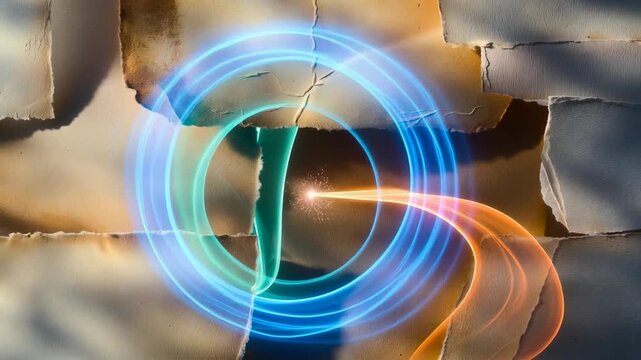 Abstract glowing light swirls over torn paper collage in soft artistic style on neutral backdrop, concept of creativity and energy
