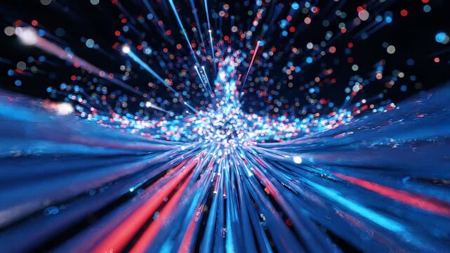 Abstract high speed blue and red fiber optic cables emitting glowing light particles in dark motion blur, concept for fiber broadband, big data transfer and futuristic technology communication