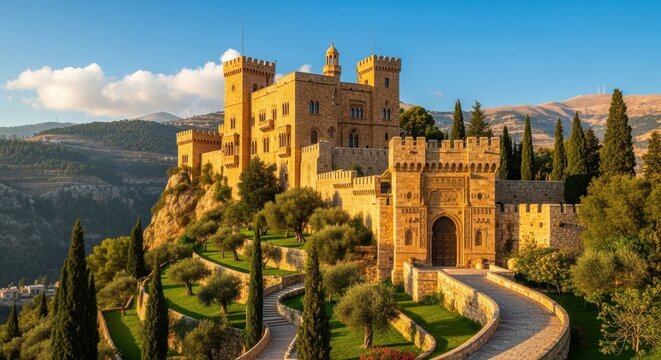 Majestic Castle Perched Atop a Lush Green Hillside.