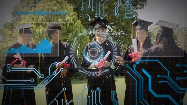 5 graduates on lawn celebrating as lead grad raising arms and turning HUD pulsing showing diplomas