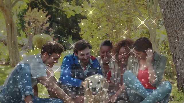 Five adults bonding on grass, sparkles lingering while dog settling, friends petting for marketing