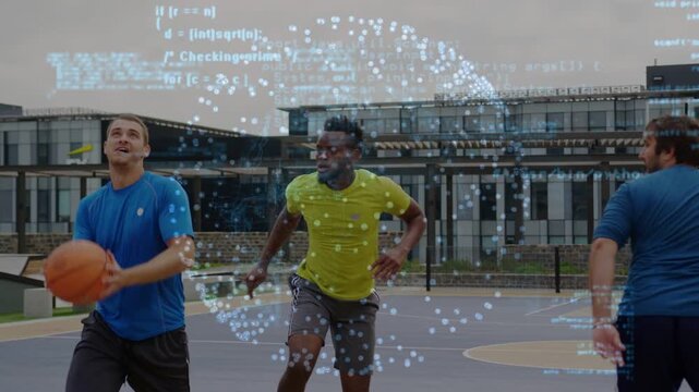 Blue player dribbling left, rising for layup to score on sports court, sphere expanding around rim