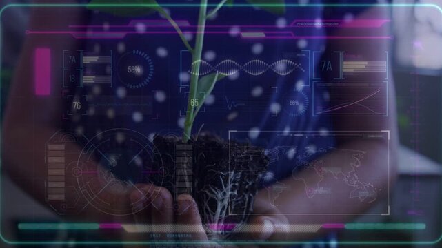 Girl placing hands under seedling, lifting to reveal roots for education, HUD showing DNA graphs