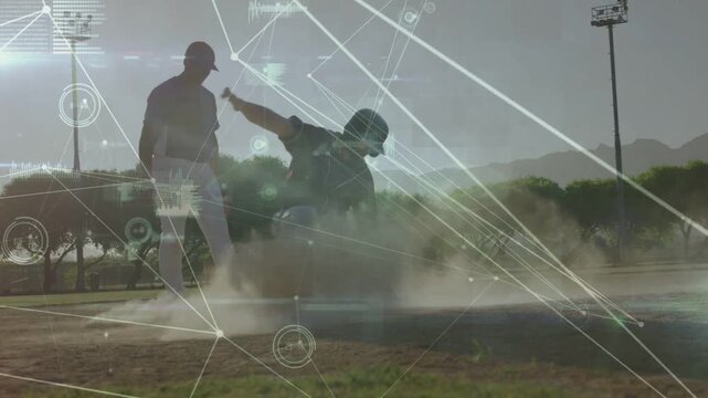 Baseball runner sliding into base, trying to reach, raising dust, fielder reaching HUD overlaying