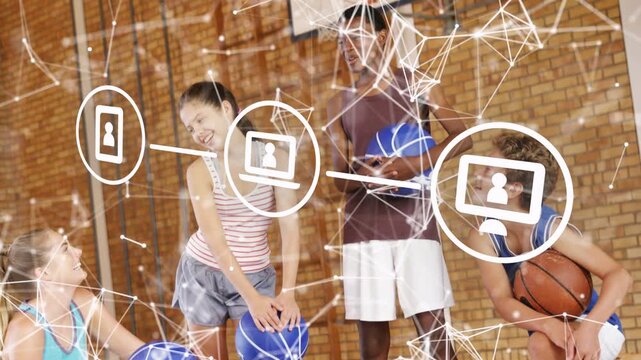 Sports team planning plays on court, camera pan sparking animated overlay linking balls to nodes