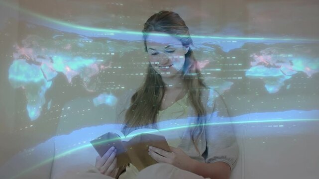 Woman reading on couch, world map projecting over woman with blue bands drifting, aiding education