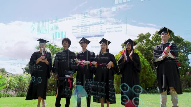 Graduates one stepping forward celebrating grad, peers lifting diplomas, overlays tracking charts