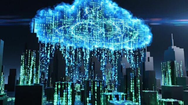 Blue glowing digital cloud with binary code data floating over a 3D dark city skyline at night, concept for cloud computing infrastructure, big data storage and global network communication