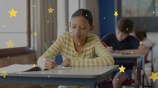Girl writing with green pencil touching book and starting stars overlay widening smiling learning