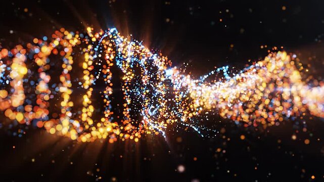 Abstract glowing DNA double helix structure formed by colorful sparkling digital particles on a dark background, concept for genetic research, medical biotechnology and scientific innovation