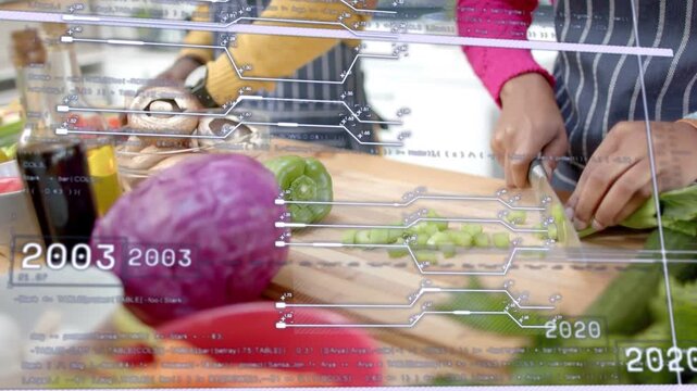 Camera focusing board as couple preparing food slicing veg with knife, overlay sweeping over hands