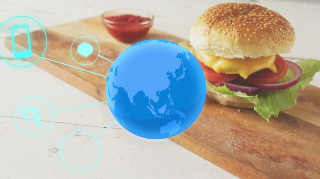 Translucent globe fading in, cyan nodes emerging and linking to burger, visualizing digital orders