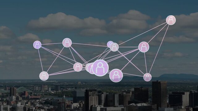 Data pulse initiating pale network, nodes shifting, central node growing, clustering above skyline