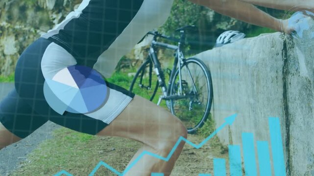 Overlay appearing, adult cyclist shifting into wall stretch by parked bike HUD logging fitness data