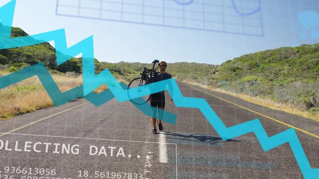 Cyclist walking centerline with bike, data appearing and graph obscuring him showing sports data