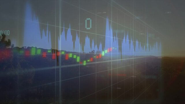 Translucent chart animating on open, blue wave shifting, candles dipping then rising showing trends