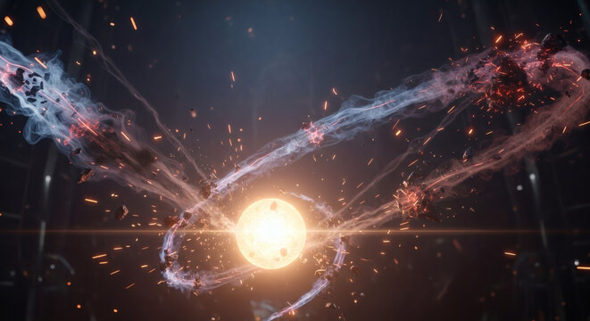 Vibrant conceptual rendering of an intense cosmic core, radiating powerful energy waves and dynamic particle streams within a captivating celestial realm of light and shadow