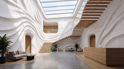 Fototapeta premium University foyer with sculpted white walls and floating staircase with natural oak expansion