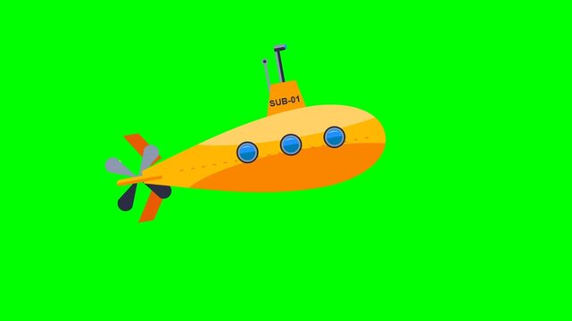 Animated cartoon yellow submarine moving on green screen background.