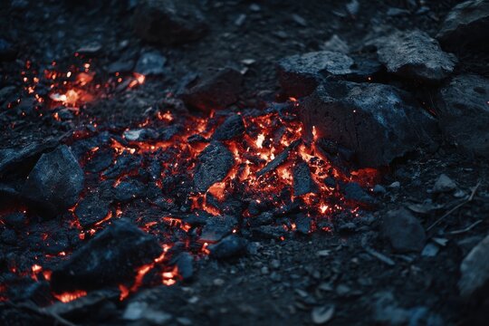 Scattered campfire ashes and glowing red embers on charred ground.