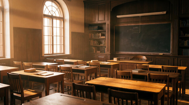 Sunlit Classroom with Warm Natural Light and Soft Glowing Details in Serene Environment