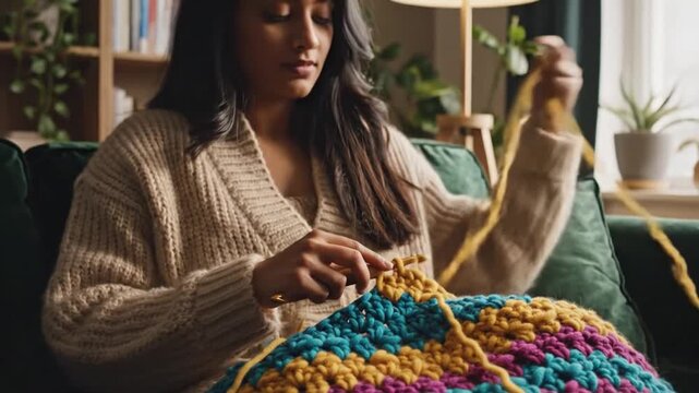 Young Asian Woman Crocheting Colorful Blanket In Sunlit Living Room Wearing Chunky Sweater Hands Working With Wooden Hook And Thick Yarn Plants And Bookshelf In Background Slow Mindful Pace Warm