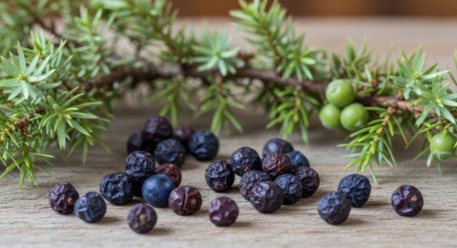 Juniper Berries and Branch on Rustic Wooden Tabletop.