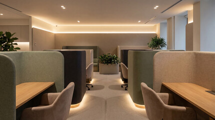 Fototapeta premium Office layout with curved acoustic partitions around desks soft lighting design enhancing modern work environment