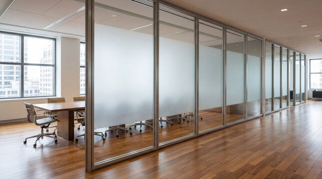 Business interior with frosted meeting room partitions and wooden floor creating refined contemporary office atmosphere