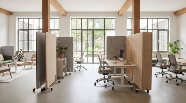 Flexible office space with portable divider screens under soft daylight minimal setup for productive environment