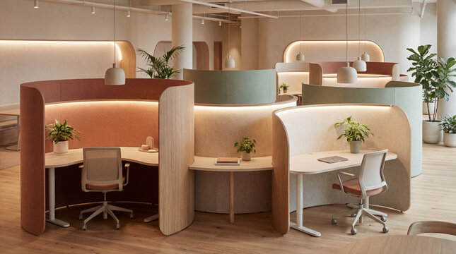 Office layout with curved acoustic partitions around desks featuring soft lighting for productive environments
