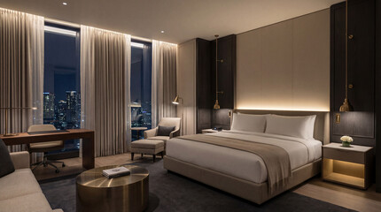 Fototapeta premium Luxury hotel room with panoramic windows emphasizing modern sleek design and expansive natural light exposure