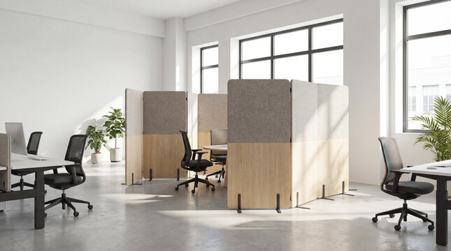 Minimal office with foldable partitions creating temporary meeting spaces clean organized collaborative environment