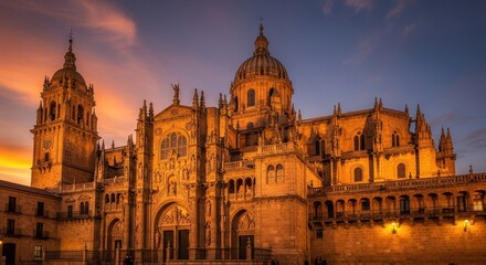 Obraz premium Majestic Cathedral Illuminated at Sunset in Salamanca, Spain.