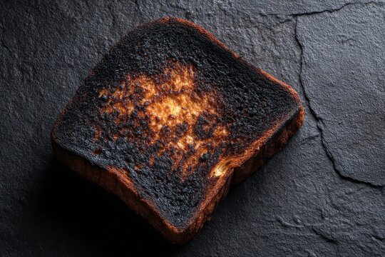 Burnt toast texture severely overcooked bread with heavily blackened crust.