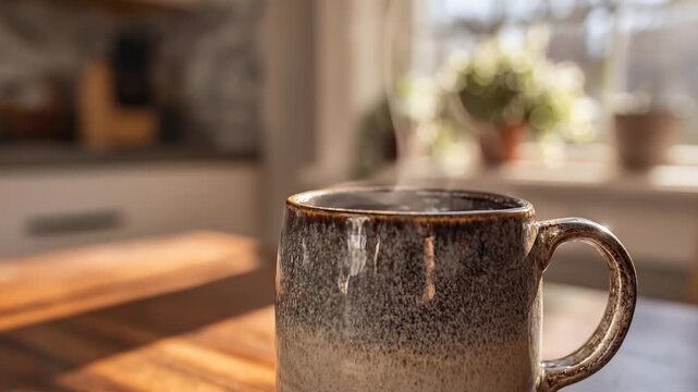 Steaming Mug of Coffee on a Wooden Table in a Sunlit Kitchen