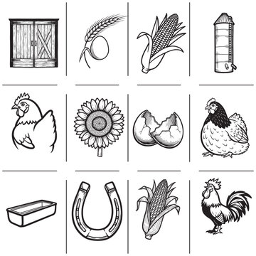 Black and white farm icons