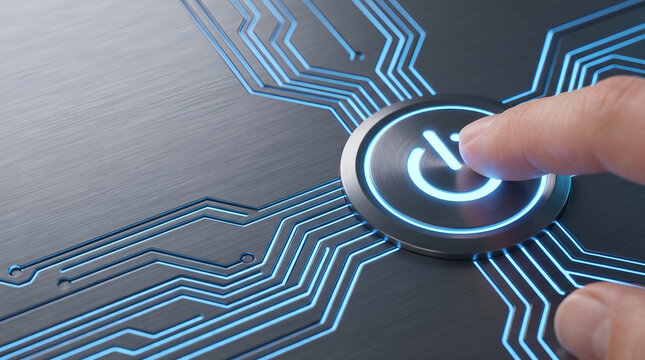 Activating future technology Human finger pressing illuminated power button to initiate digital system start-up and innovation for a new era
