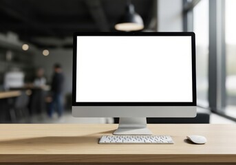 Fototapeta premium Modern computer display with a blank screen sits on a wooden desk in an office environment.