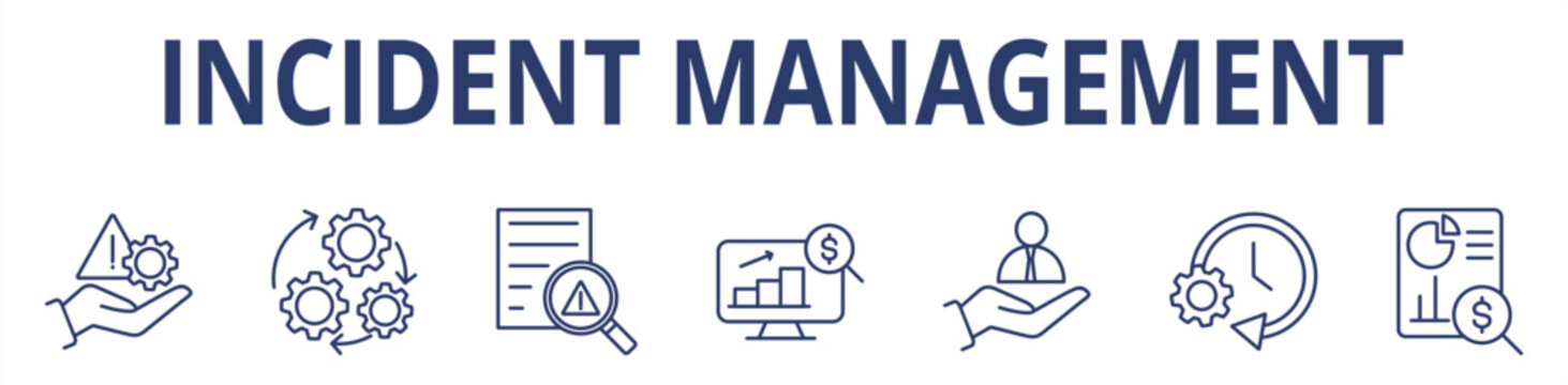 Incident management web banner icon set outline multistyle color vector illustrations concept line icons including incident, process, detection, analysis, initial support, restore, reporting