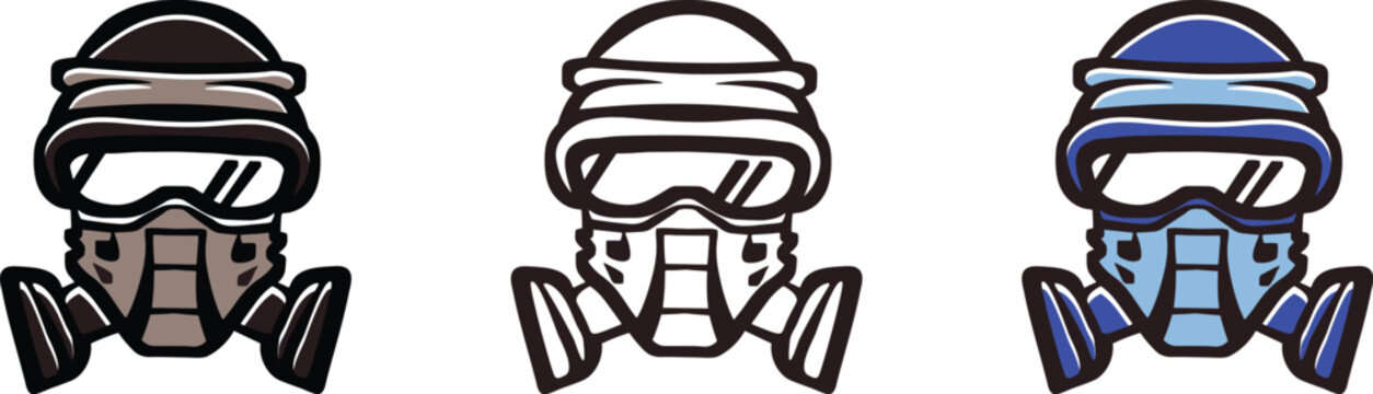 Gas masks icon. Safety and Protection Symbol. Three Stylized Gas Masks Vector Illustration. Brown, Outline, and Blue Respirators. Personal Protective Equipment.