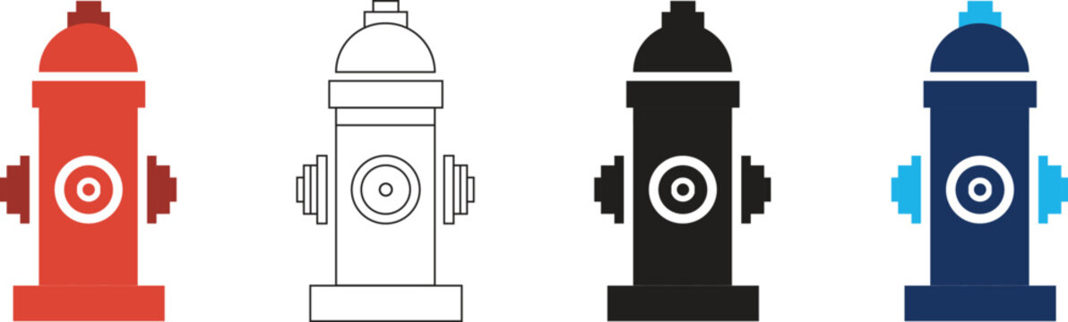 Fire Hydrant Icons Set: Red, Outline, Black, and Blue Vector Illustrations.