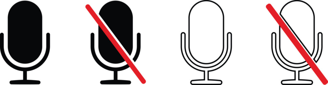 Microphone Mute Unmute Icons Set. Audio On Off Symbols. Audio, speech and volume control concept representing recording, communication, podcast and broadcast.