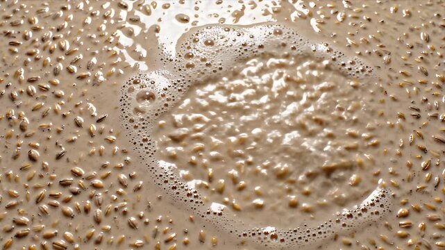 Fermented Grain in Liquid with Bubbles Close Up of Beige Mixture for Global Food Process Production and Healthy
