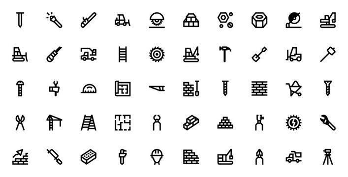 Construction icon set. Vector tools and equipment collection. Includes screw, flashlight, chainsaw, dozer, excavator, tractor, hammer, shovel, helmet, wrench, bricks, crane and more. Editable stroke.
