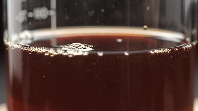 Fermented Liquid Pouring into Glass Beaker: Close-Up View of Amber Liquid Bubbling During Fermentation Process in Lab